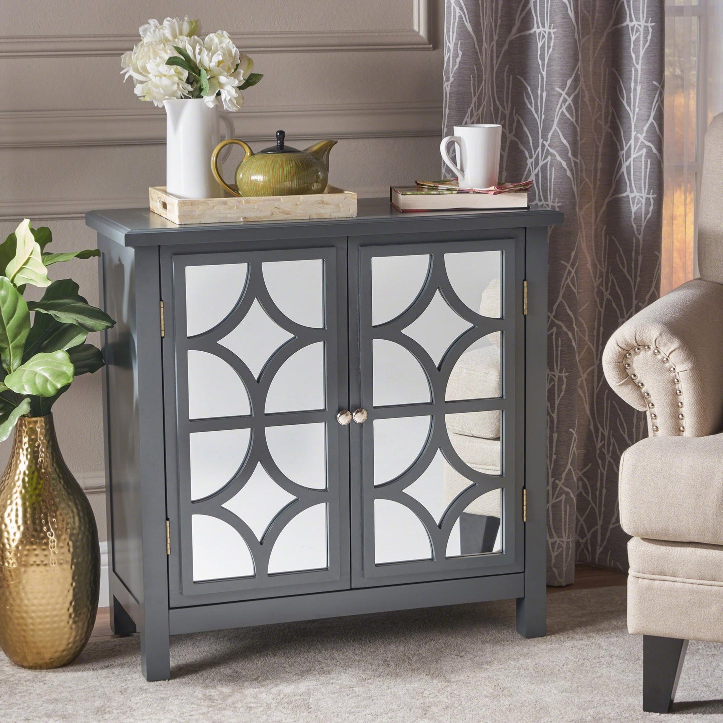[Ship to Canada Only]Firwood Mirror Finished Double Door Cabinet, Charcoal Grey