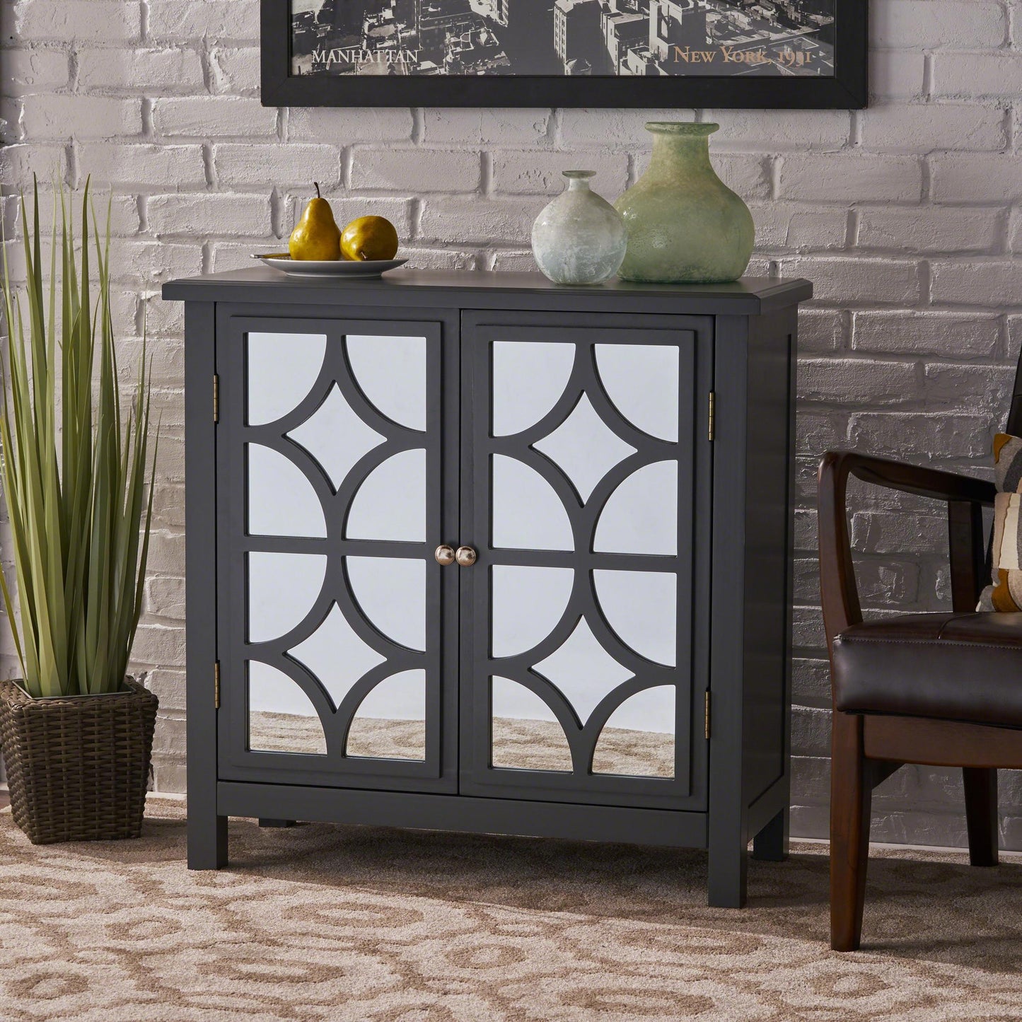 [Ship to Canada Only]Firwood Mirror Finished Double Door Cabinet, Charcoal Grey
