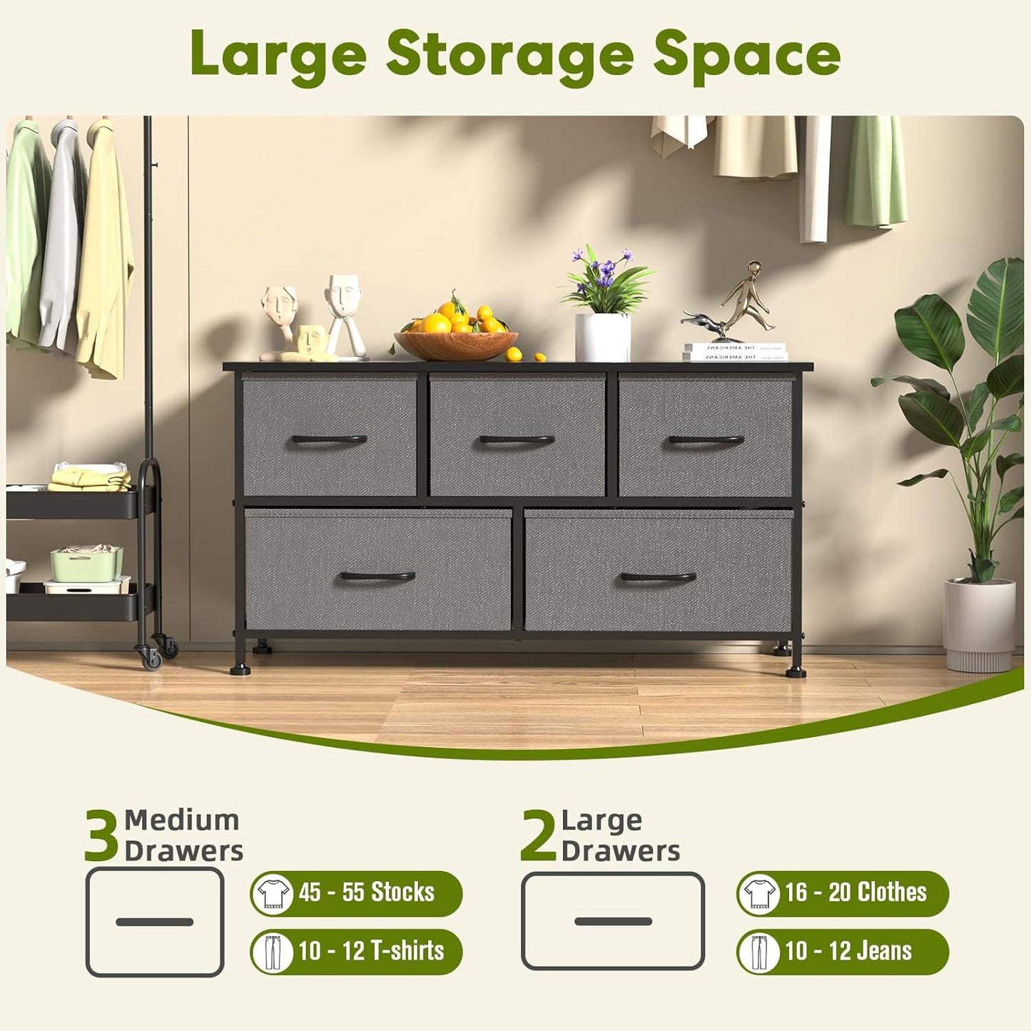 Simple Deluxe 5 Drawers Dresser for Bedroom, Kidsroom Furniture, Wide Chest of Drawers, Storage Organizer Units with Fabric Bins for Closet, Metal Frame, Waterproof Wood Top, Adjustable Feet, Gray