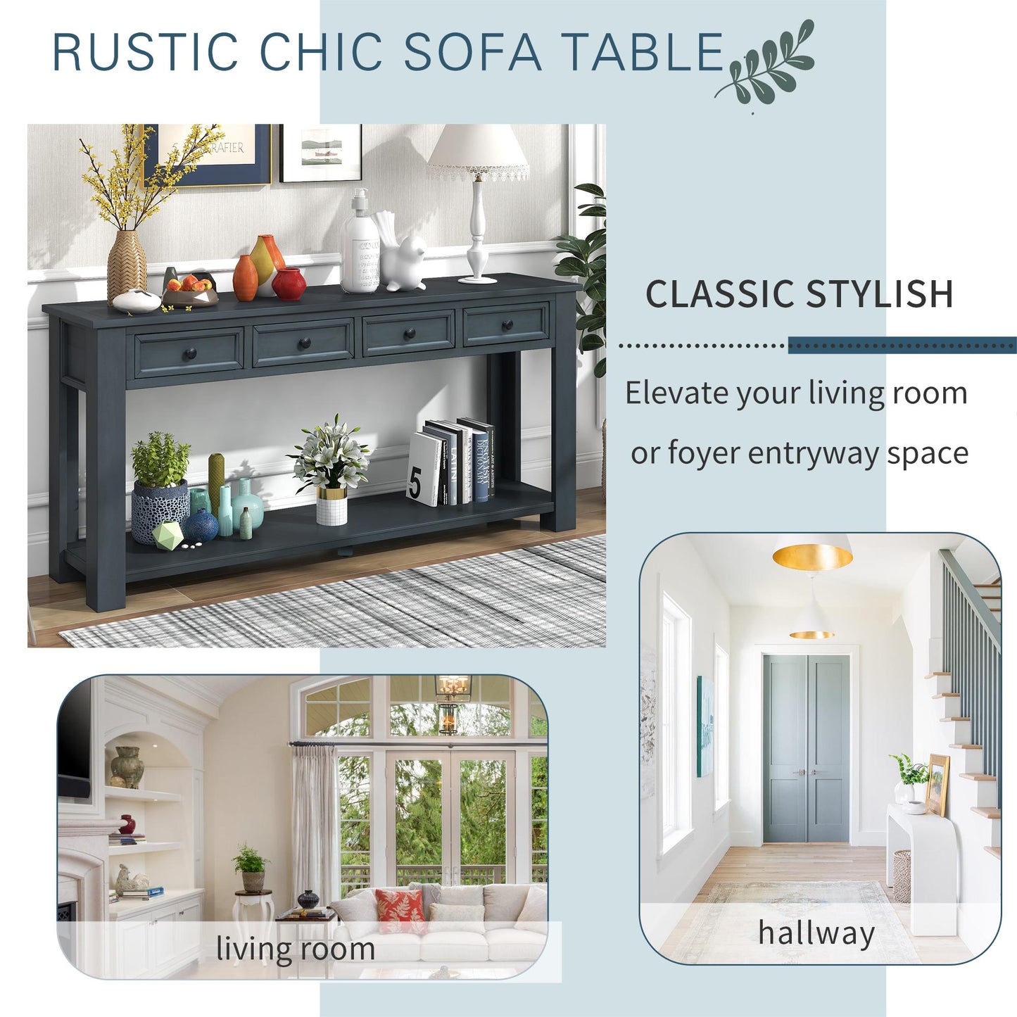 Console Table/Sofa Table with Storage Drawers and Bottom Shelf for Entryway, Hallway and Living Room (Navy)