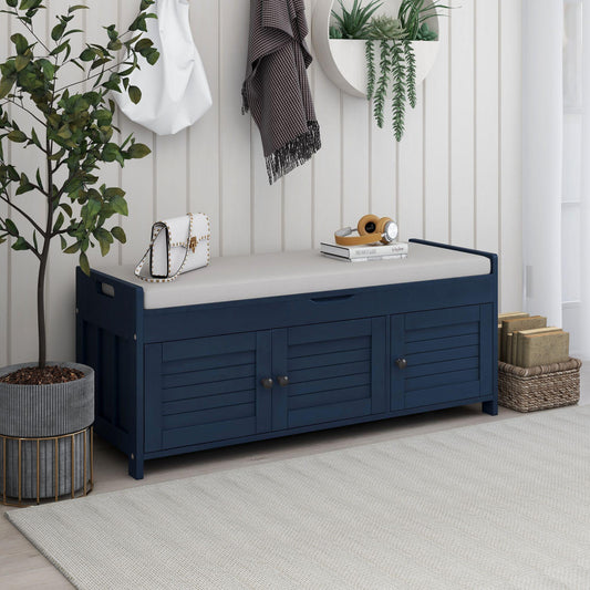 Storage Bench with 3 Shutter-shaped Doors, Shoe Bench with Removable Cushion and Hidden Storage Space (Antique Navy)