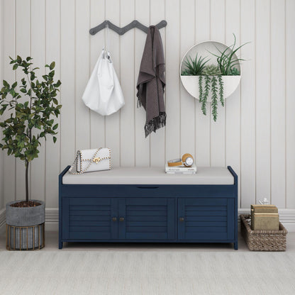 Storage Bench with 3 Shutter-shaped Doors, Shoe Bench with Removable Cushion and Hidden Storage Space (Antique Navy)