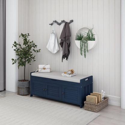 Storage Bench with 3 Shutter-shaped Doors, Shoe Bench with Removable Cushion and Hidden Storage Space (Antique Navy)