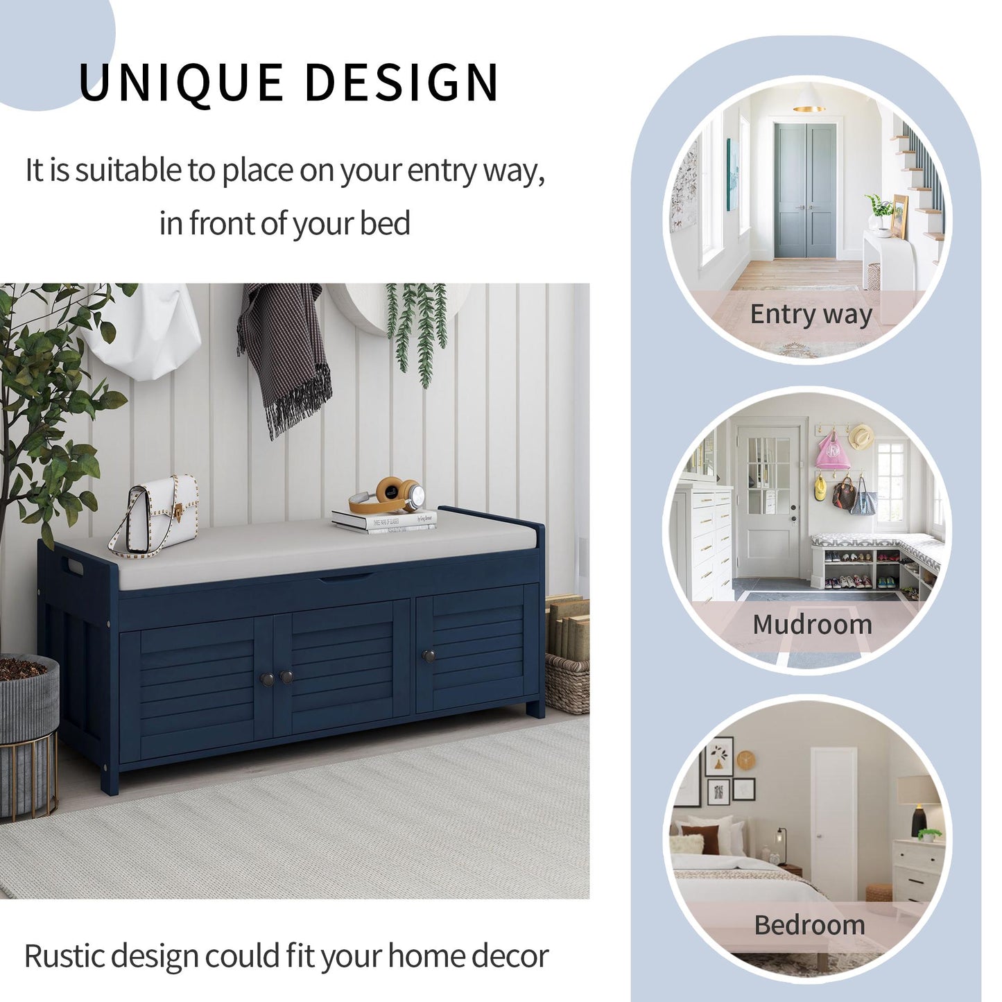 Storage Bench with 3 Shutter-shaped Doors, Shoe Bench with Removable Cushion and Hidden Storage Space (Antique Navy)