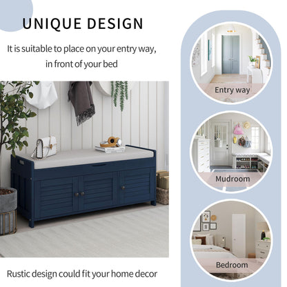 Storage Bench with 3 Shutter-shaped Doors, Shoe Bench with Removable Cushion and Hidden Storage Space (Antique Navy)