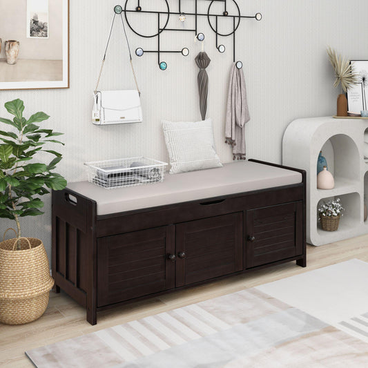 Storage Bench with 3 Shutter-shaped Doors, Shoe Bench with Removable Cushion and Hidden Storage Space (Espresso)