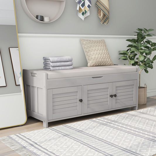 Storage Bench with 3 Shutter-shaped Doors, Shoe Bench with Removable Cushion and Hidden Storage Space (Gray Wash)