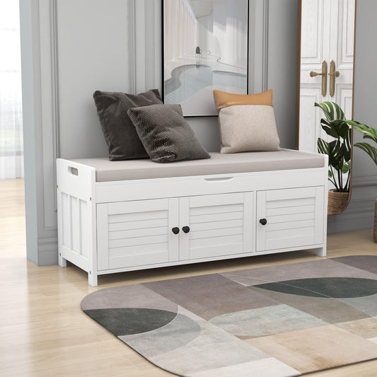 Storage Bench with 3 Shutter-shaped Doors, Shoe Bench with Removable Cushion and Hidden Storage Space (White)