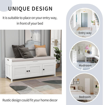 Storage Bench with 3 Shutter-shaped Doors, Shoe Bench with Removable Cushion and Hidden Storage Space (White)