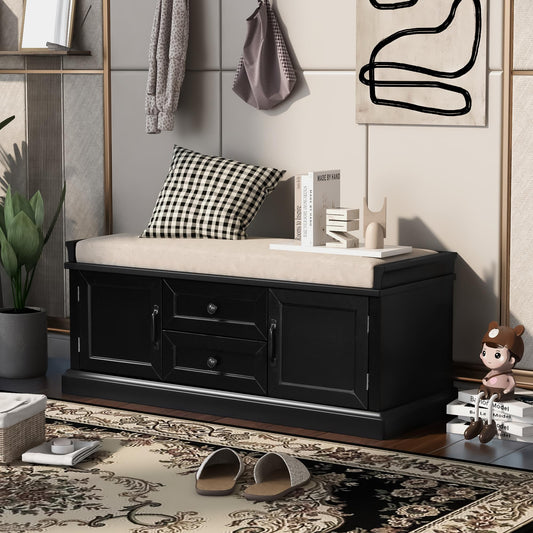 Storage Bench with 4 Doors and Adjustable Shelves, Shoe Bench with Removable Cushion for Living Room, Entryway (Black)