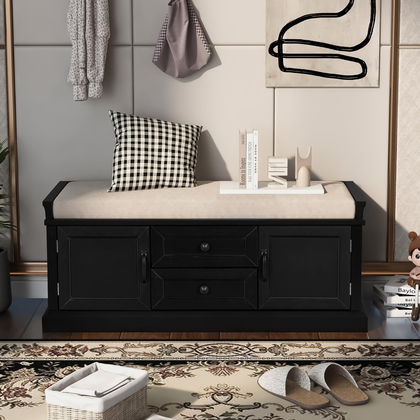 Storage Bench with 4 Doors and Adjustable Shelves, Shoe Bench with Removable Cushion for Living Room, Entryway (Black)