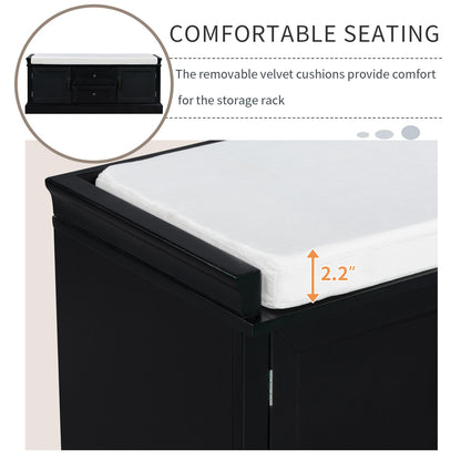 Storage Bench with 4 Doors and Adjustable Shelves, Shoe Bench with Removable Cushion for Living Room, Entryway (Black)