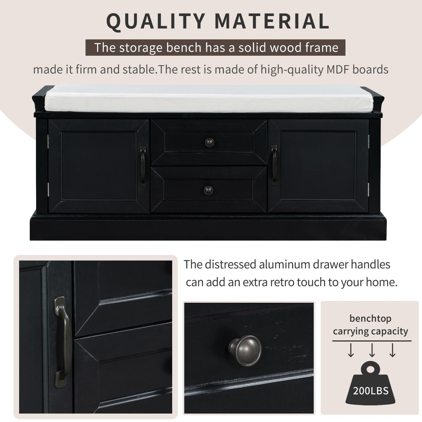 Storage Bench with 4 Doors and Adjustable Shelves, Shoe Bench with Removable Cushion for Living Room, Entryway (Black)