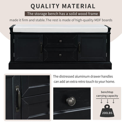 Storage Bench with 4 Doors and Adjustable Shelves, Shoe Bench with Removable Cushion for Living Room, Entryway (Black)