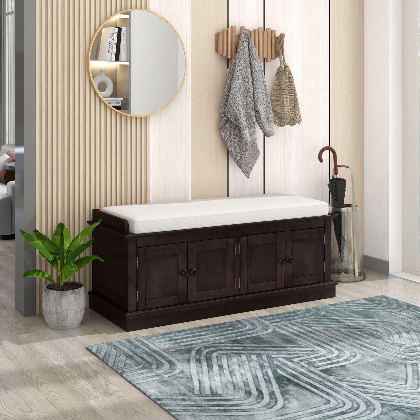 Storage Bench with 4 Doors and Adjustable Shelves, Shoe Bench with Removable Cushion for Living Room, Entryway (Espresso)