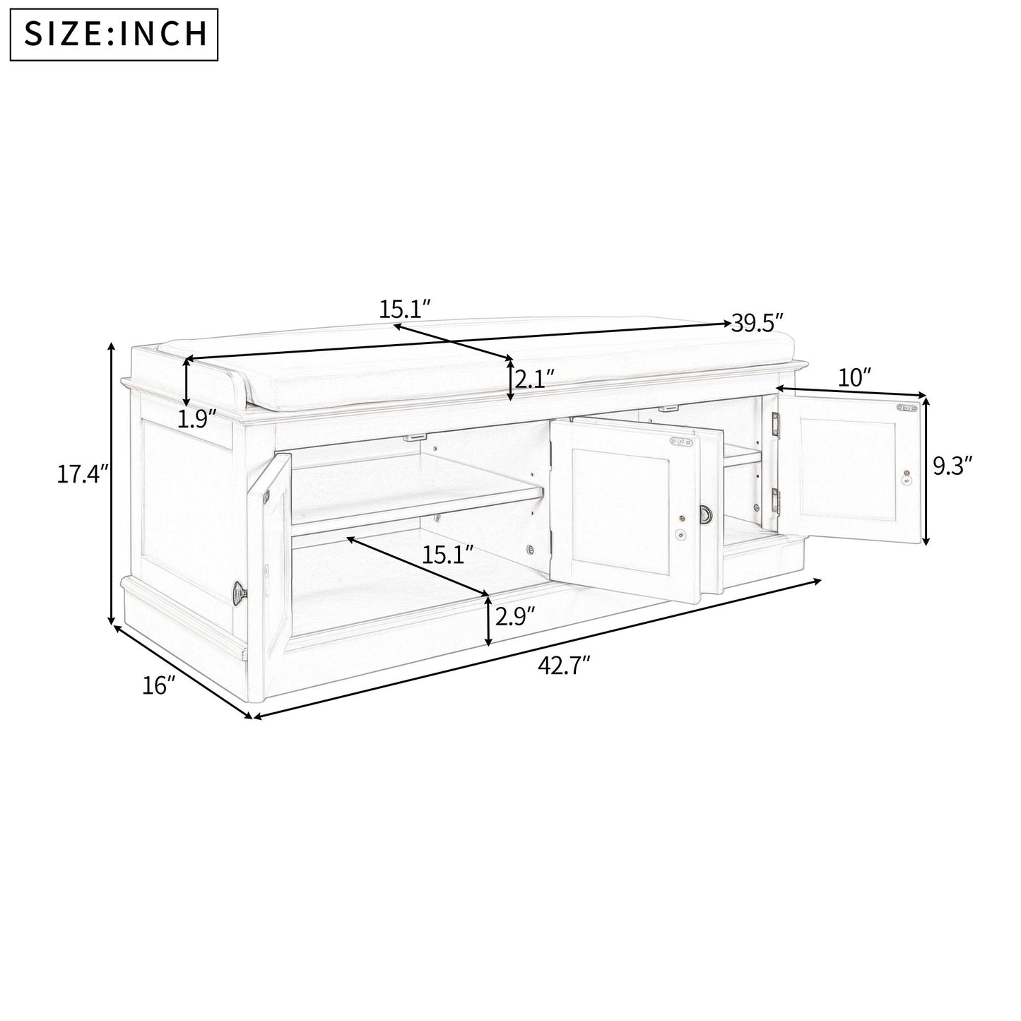 Storage Bench with 4 Doors and Adjustable Shelves, Shoe Bench with Removable Cushion for Living Room, Entryway (Espresso)