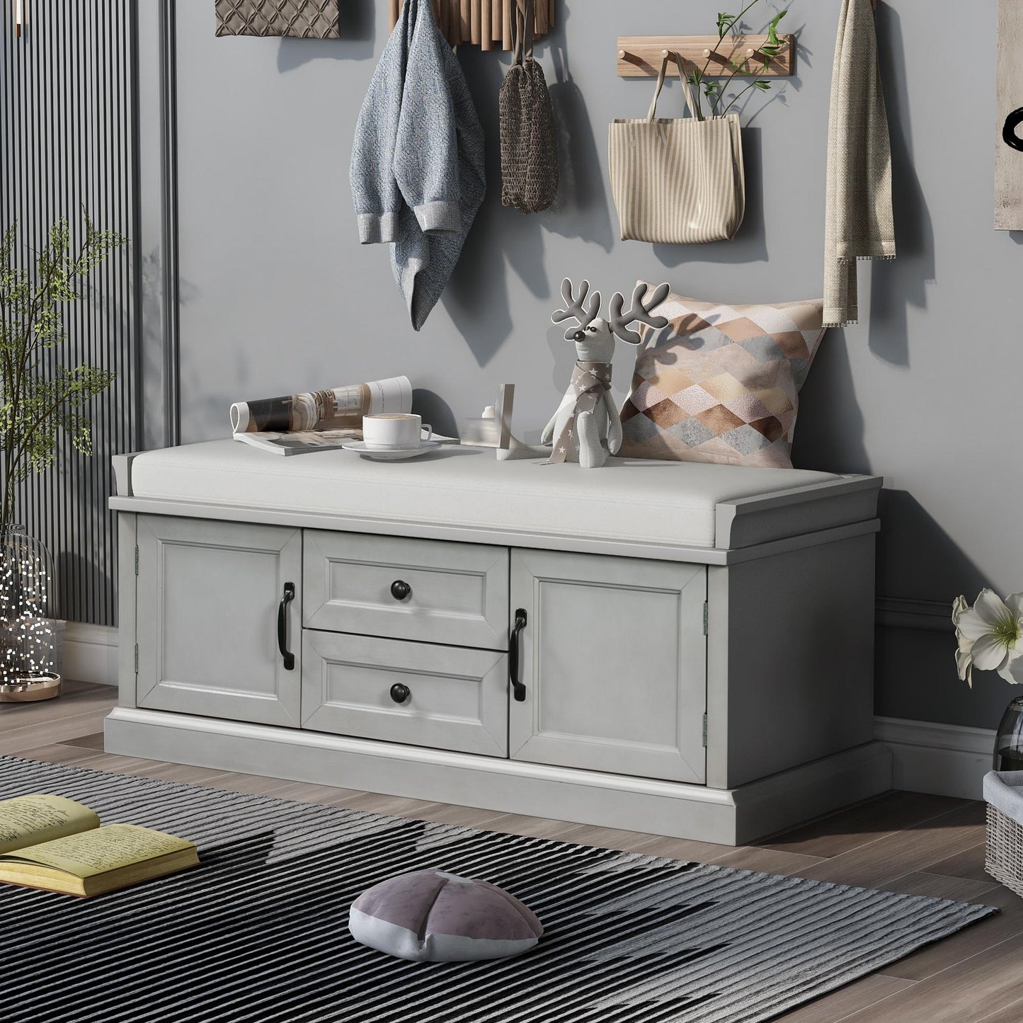 Storage Bench with 4 Doors and Adjustable Shelves, Shoe Bench with Removable Cushion for Living Room, Entryway (Gray Wash)