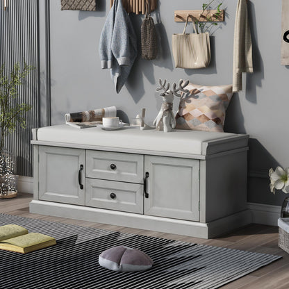 Storage Bench with 4 Doors and Adjustable Shelves, Shoe Bench with Removable Cushion for Living Room, Entryway (Gray Wash)