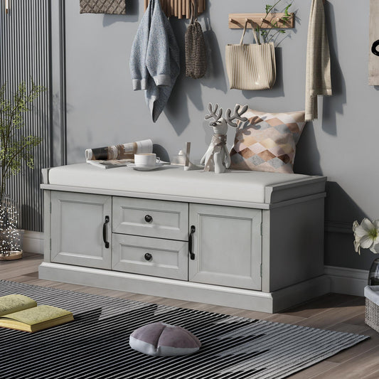 Storage Bench with 4 Doors and Adjustable Shelves, Shoe Bench with Removable Cushion for Living Room, Entryway (Gray Wash)