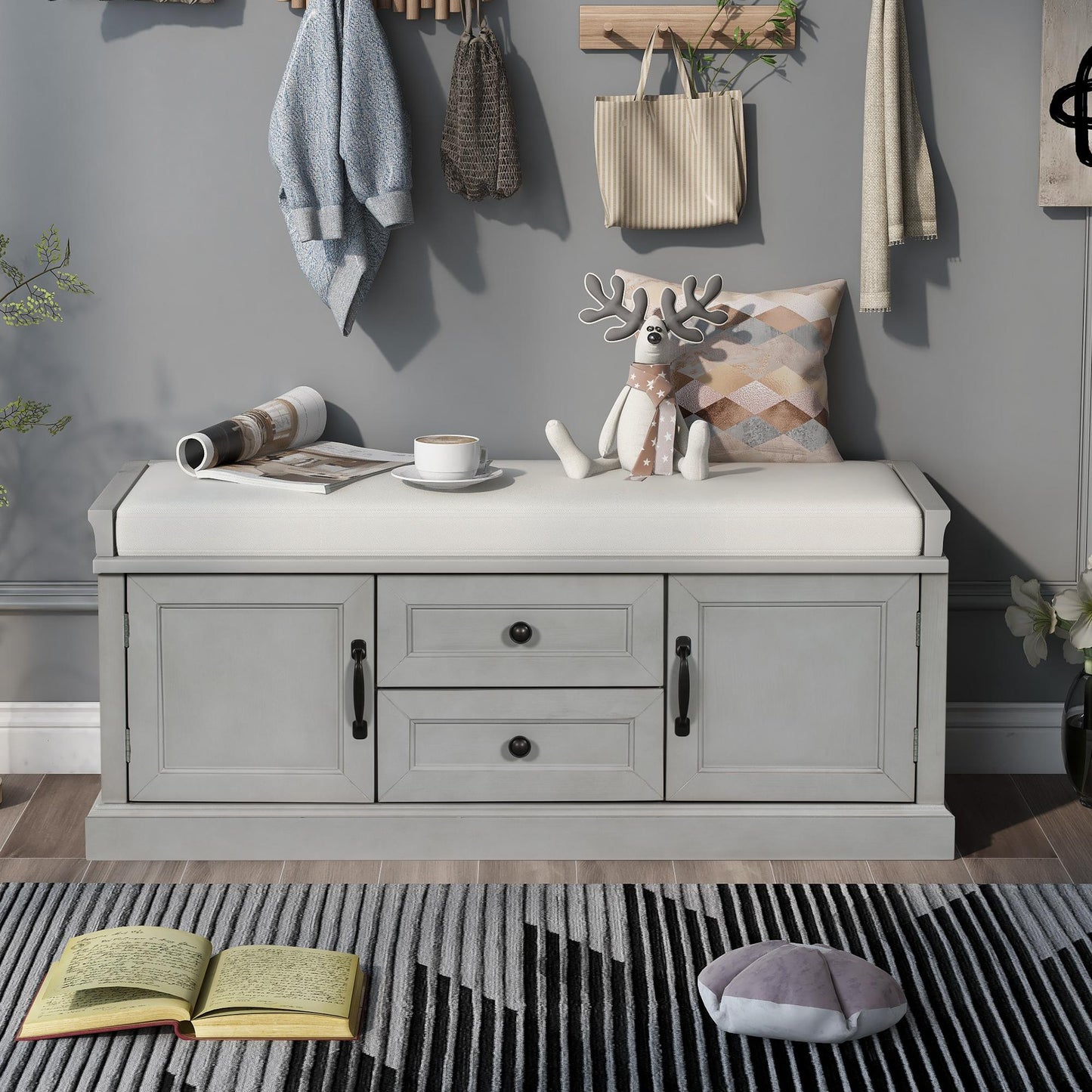 Storage Bench with 4 Doors and Adjustable Shelves, Shoe Bench with Removable Cushion for Living Room, Entryway (Gray Wash)