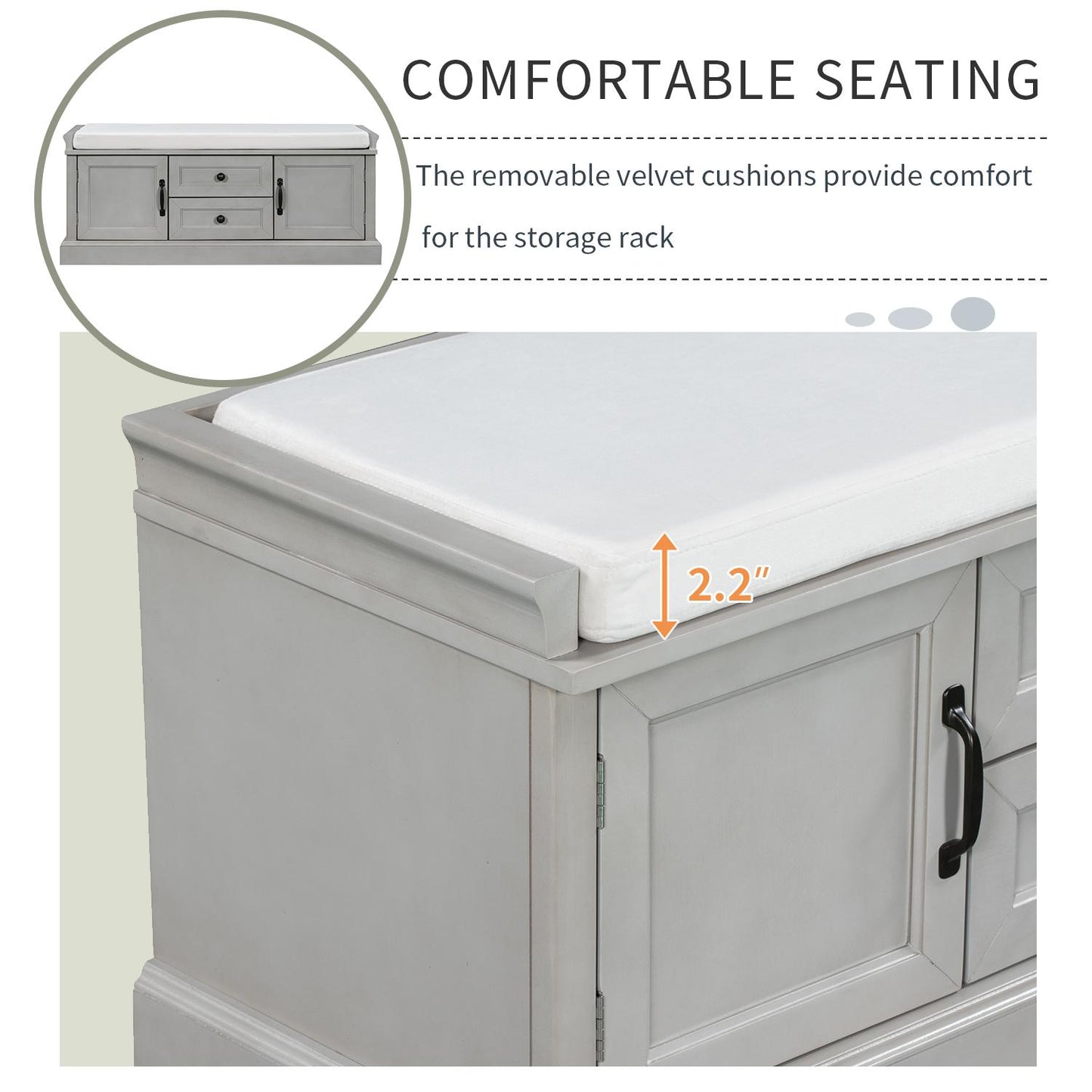 Storage Bench with 4 Doors and Adjustable Shelves, Shoe Bench with Removable Cushion for Living Room, Entryway (Gray Wash)