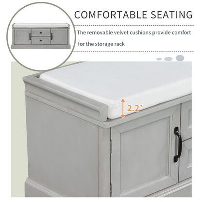 Storage Bench with 4 Doors and Adjustable Shelves, Shoe Bench with Removable Cushion for Living Room, Entryway (Gray Wash)