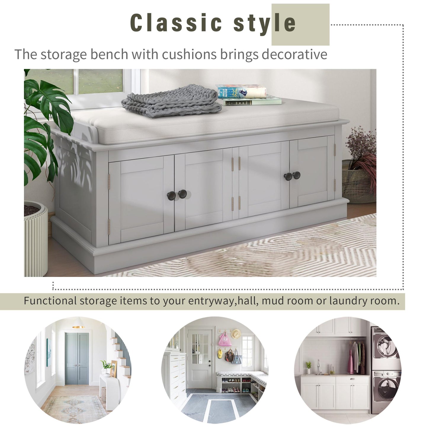 Storage Bench with 4 Doors and Adjustable Shelves, Shoe Bench with Removable Cushion for Living Room, Entryway (Gray Wash)