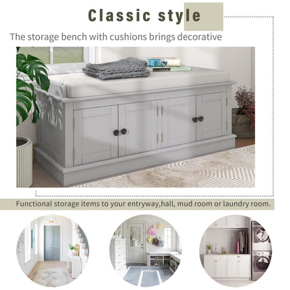 Storage Bench with 4 Doors and Adjustable Shelves, Shoe Bench with Removable Cushion for Living Room, Entryway (Gray Wash)