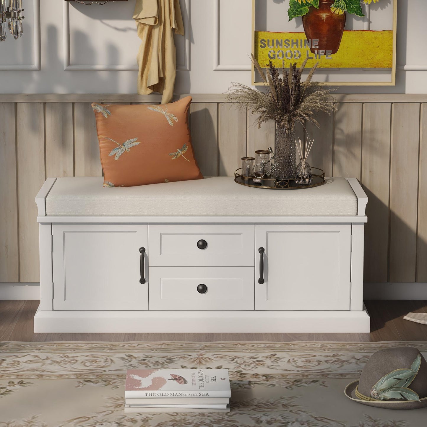 Storage Bench with 4 Doors and Adjustable Shelves, Shoe Bench with Removable Cushion for Living Room, Entryway (White)