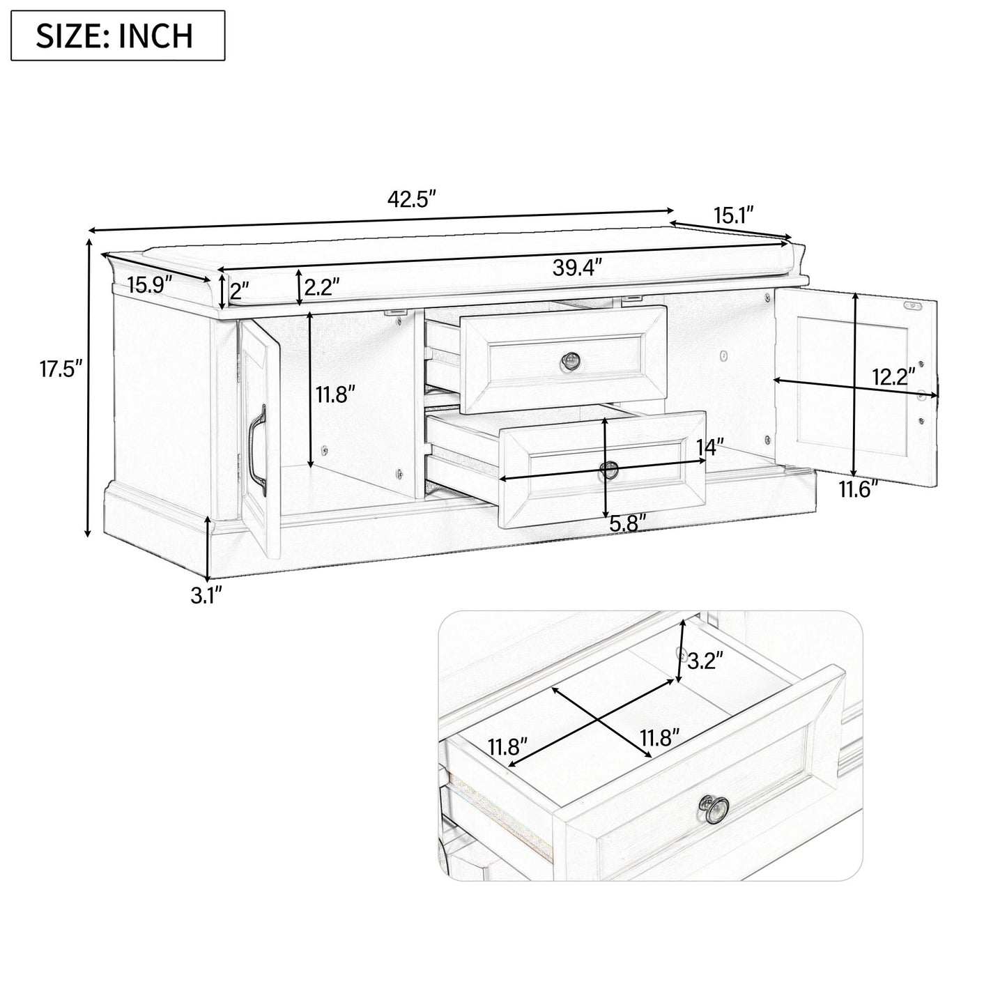 Storage Bench with 4 Doors and Adjustable Shelves, Shoe Bench with Removable Cushion for Living Room, Entryway (White)