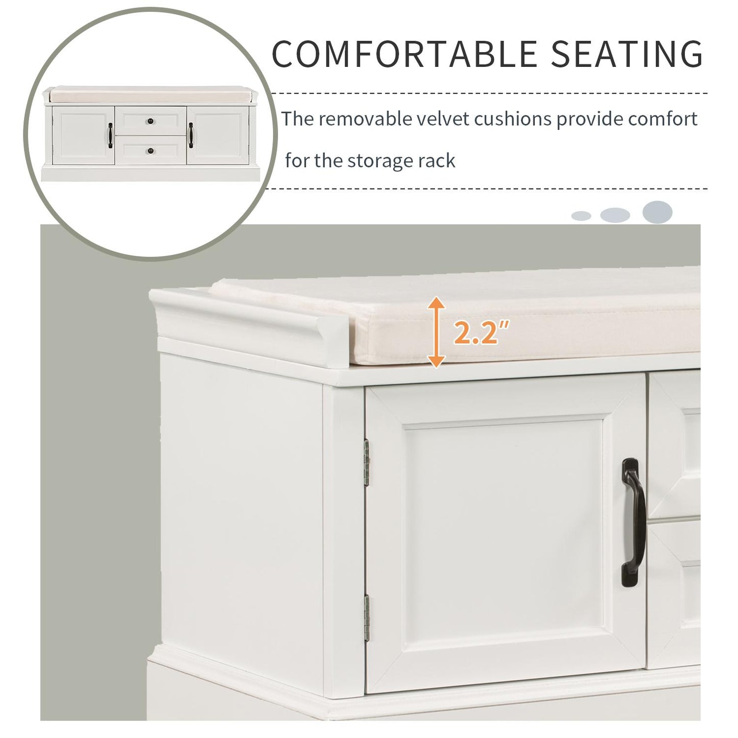 Storage Bench with 4 Doors and Adjustable Shelves, Shoe Bench with Removable Cushion for Living Room, Entryway (White)