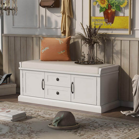 Storage Bench with 4 Doors and Adjustable Shelves, Shoe Bench with Removable Cushion for Living Room, Entryway (White)