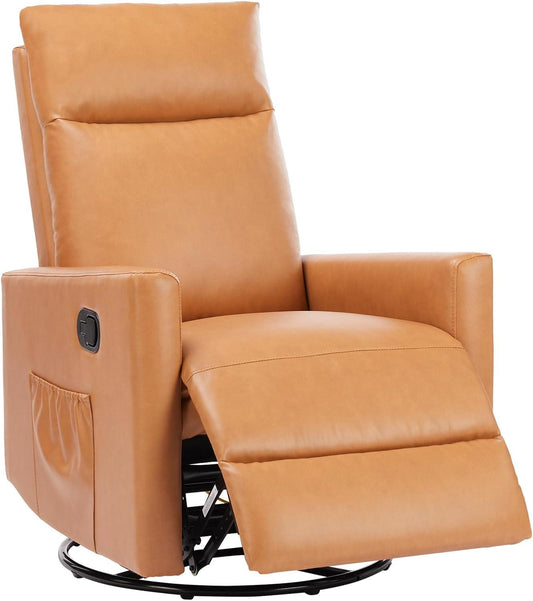 Swivel Recliner Chair, Rocker Glider Chair for Living Room, Office Faux Leather Recliner Chair, Nursery Glider with Large Footrest, Upholstered Deep Seat Single Sofa Chair, High Back, Brown