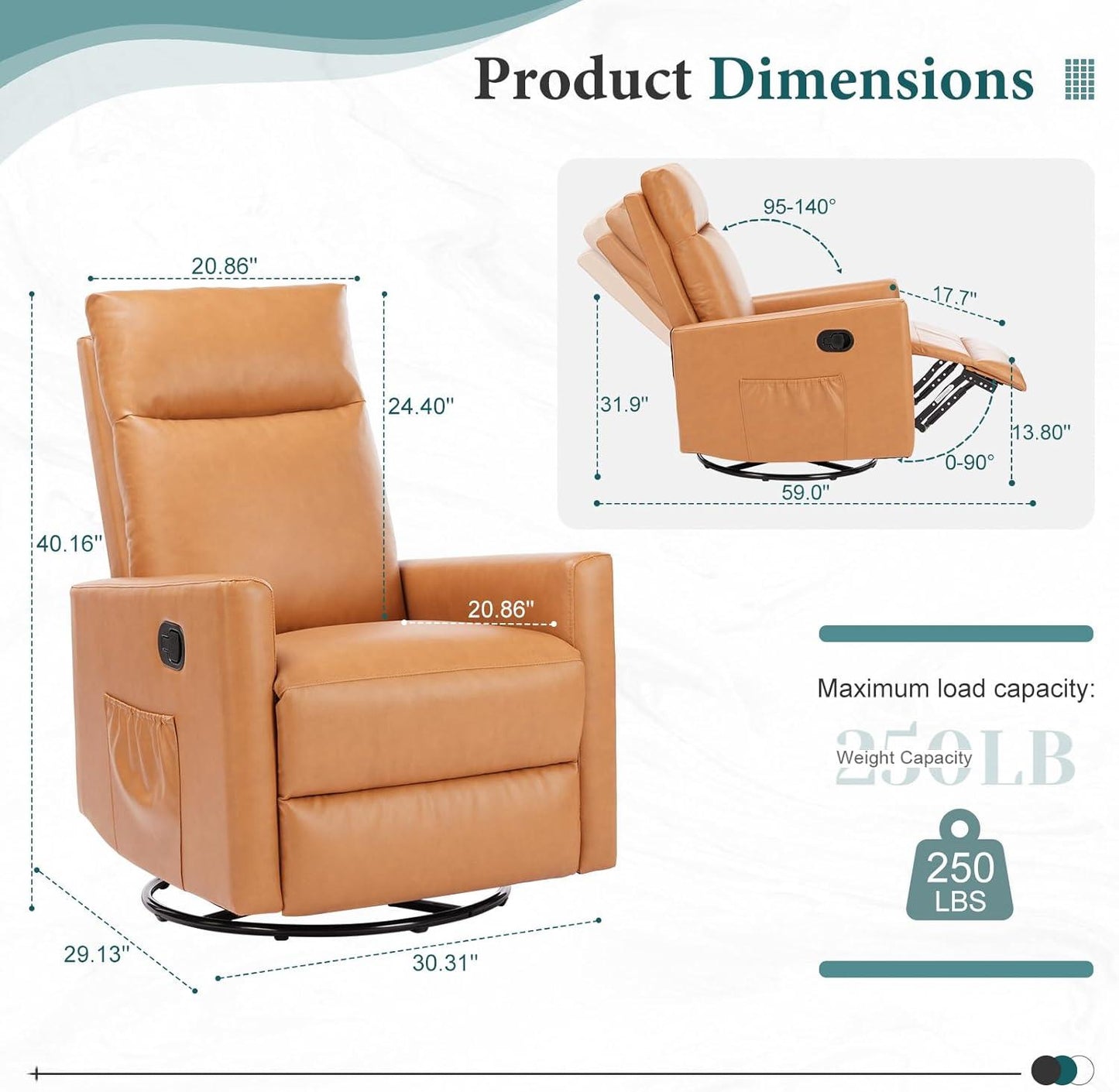 Swivel Recliner Chair, Rocker Glider Chair for Living Room, Office Faux Leather Recliner Chair, Nursery Glider with Large Footrest, Upholstered Deep Seat Single Sofa Chair, High Back, Brown