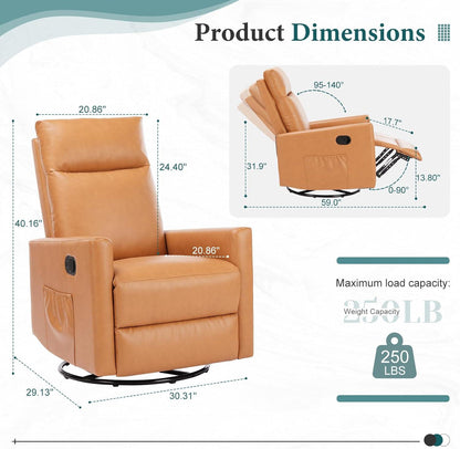 Swivel Recliner Chair, Rocker Glider Chair for Living Room, Office Faux Leather Recliner Chair, Nursery Glider with Large Footrest, Upholstered Deep Seat Single Sofa Chair, High Back, Brown