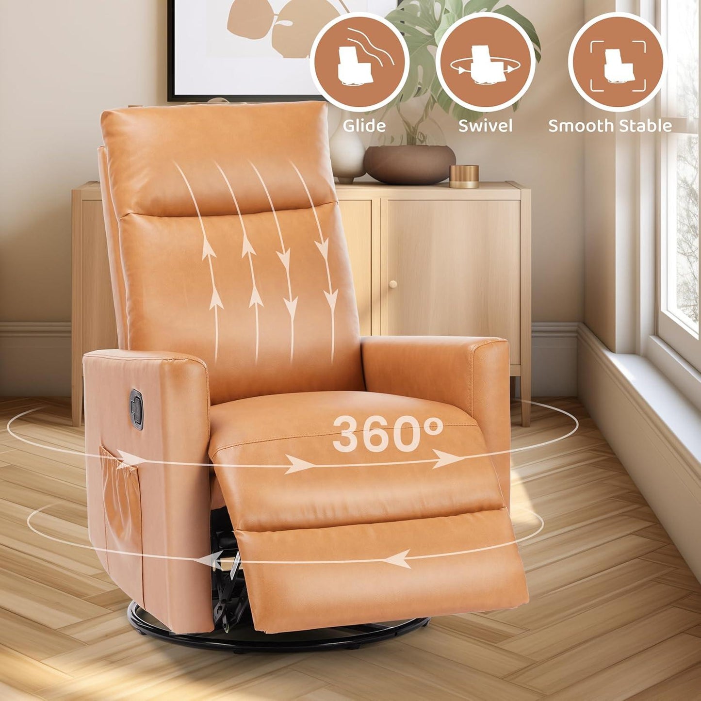 Swivel Recliner Chair, Rocker Glider Chair for Living Room, Office Faux Leather Recliner Chair, Nursery Glider with Large Footrest, Upholstered Deep Seat Single Sofa Chair, High Back, Brown
