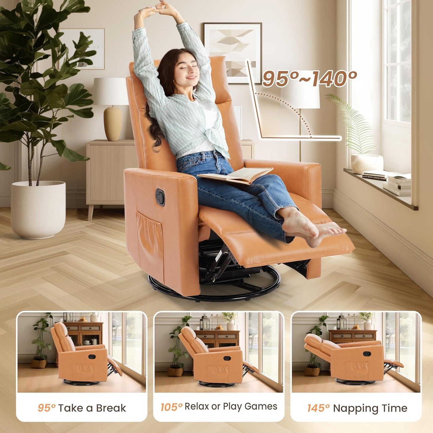 Swivel Recliner Chair, Rocker Glider Chair for Living Room, Office Faux Leather Recliner Chair, Nursery Glider with Large Footrest, Upholstered Deep Seat Single Sofa Chair, High Back, Brown