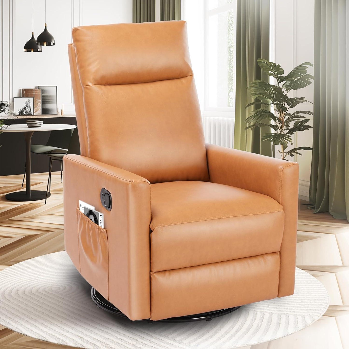 Swivel Recliner Chair, Rocker Glider Chair for Living Room, Office Faux Leather Recliner Chair, Nursery Glider with Large Footrest, Upholstered Deep Seat Single Sofa Chair, High Back, Brown