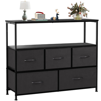 TV Stand Dresser for Bedroom Entertainment Center with 5 Fabric Drawers, Storage Organizers Units for Living Room, Media Console Table with Open Shelf up for 45" TV, Black, Wood top