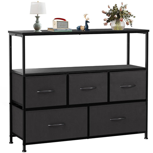TV Stand Dresser for Bedroom Entertainment Center with 5 Fabric Drawers, Storage Organizers Units for Living Room, Media Console Table with Open Shelf up for 45" TV, Black, Wood top