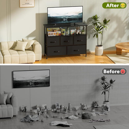 TV Stand Dresser for Bedroom Entertainment Center with 5 Fabric Drawers, Storage Organizers Units for Living Room, Media Console Table with Open Shelf up for 45" TV, Black, Wood top