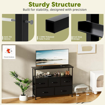 TV Stand Dresser for Bedroom Entertainment Center with 5 Fabric Drawers, Storage Organizers Units for Living Room, Media Console Table with Open Shelf up for 45" TV, Black, Wood top