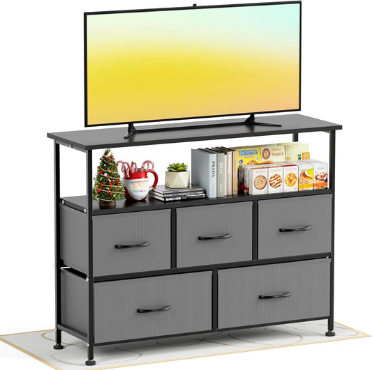 TV Stand Dresser for Bedroom Entertainment Center with 5 Fabric Drawers, Storage Organizers Units for Living Room, Media Console Table with Open Shelf up for 45" TV, Gray, Wood top