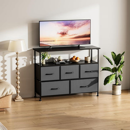 TV Stand Dresser for Bedroom Entertainment Center with 5 Fabric Drawers, Storage Organizers Units for Living Room, Media Console Table with Open Shelf up for 45" TV, Gray, Wood top
