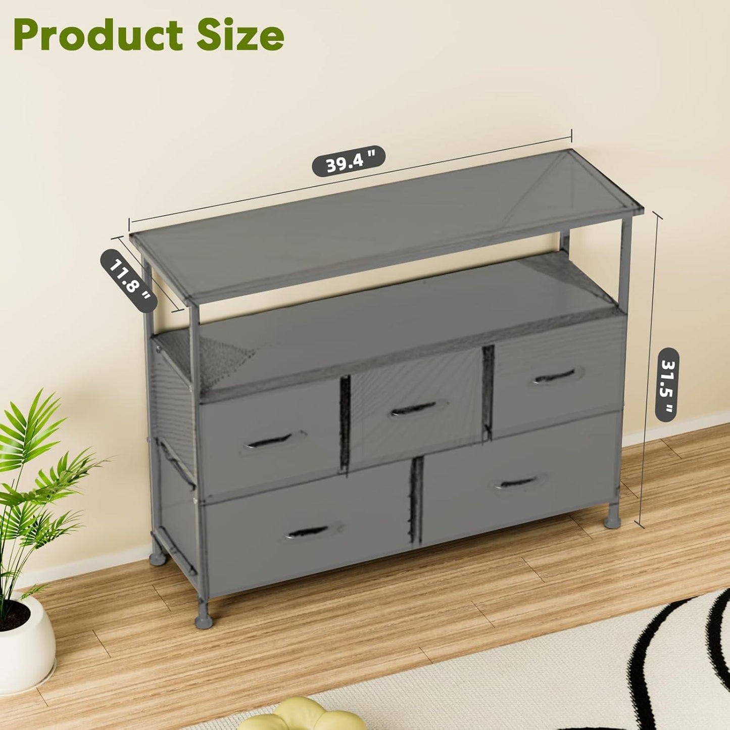 TV Stand Dresser for Bedroom Entertainment Center with 5 Fabric Drawers, Storage Organizers Units for Living Room, Media Console Table with Open Shelf up for 45" TV, Gray, Wood top