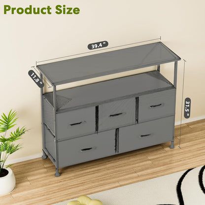 TV Stand Dresser for Bedroom Entertainment Center with 5 Fabric Drawers, Storage Organizers Units for Living Room, Media Console Table with Open Shelf up for 45" TV, Gray, Wood top