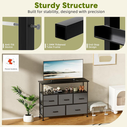 TV Stand Dresser for Bedroom Entertainment Center with 5 Fabric Drawers, Storage Organizers Units for Living Room, Media Console Table with Open Shelf up for 45" TV, Gray, Wood top
