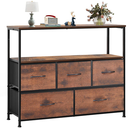 TV Stand Dresser for Bedroom Entertainment Center with 5 Fabric Drawers, Storage Organizers Units for Living Room, Media Console Table with Open Shelf up for 45" TV, Rust, Wood top