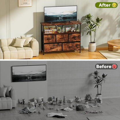 TV Stand Dresser for Bedroom Entertainment Center with 5 Fabric Drawers, Storage Organizers Units for Living Room, Media Console Table with Open Shelf up for 45" TV, Rust, Wood top