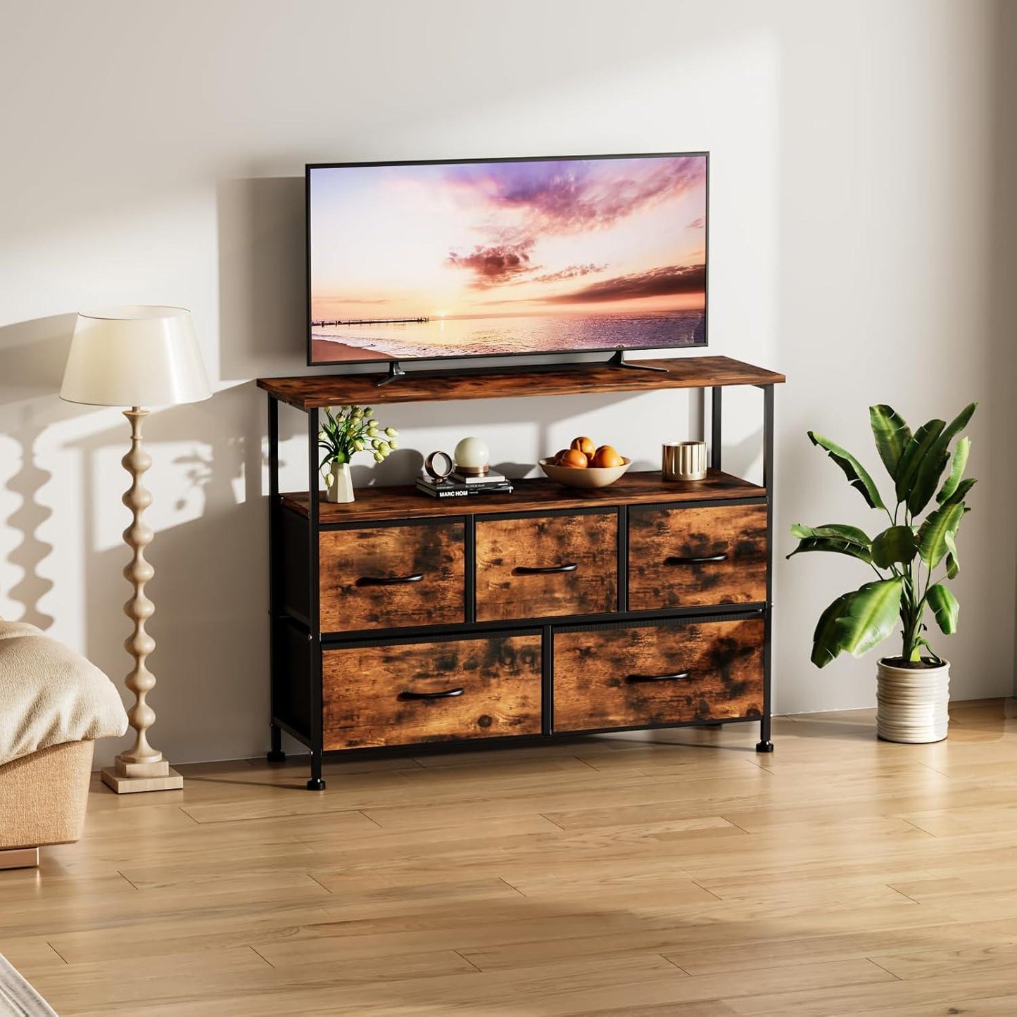 TV Stand Dresser for Bedroom Entertainment Center with 5 Fabric Drawers, Storage Organizers Units for Living Room, Media Console Table with Open Shelf up for 45" TV, Rust, Wood top